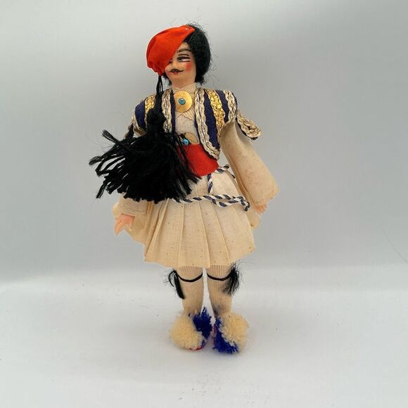 Traditional Greek Doll with Red and Blue Accents - Picture 1 of 5